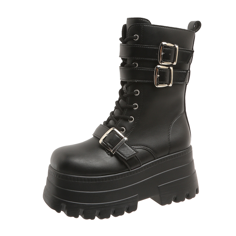 Street Fashion Goth - รองเท้าบูทแพลตฟอร์มสไตล์โกธิคสำหรับผู้หญิง แบรนด์แฟชั่น ประดับหมุดและหัวเข็มขัด สไตล์พังก์ ส้นสูงแบบเวดจ์ รองเท้าบูทสำหรับงานปาร์ตี้
