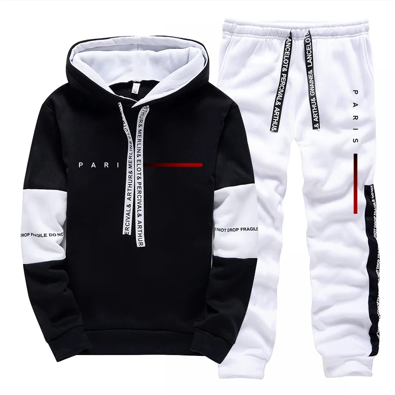 Street Fashion Hoodie - ชุดฮู้ดดี้แฟชั่นสไตล์ปารีสสำหรับผู้ชาย เสื้อฮู้ดและกางเกงขายาวลำลอง ใส่ได้ทุกฤดู เหมาะสำหรับใส่ในชีวิตประจำวัน ออกกำลังกาย หรือเล่นกีฬา