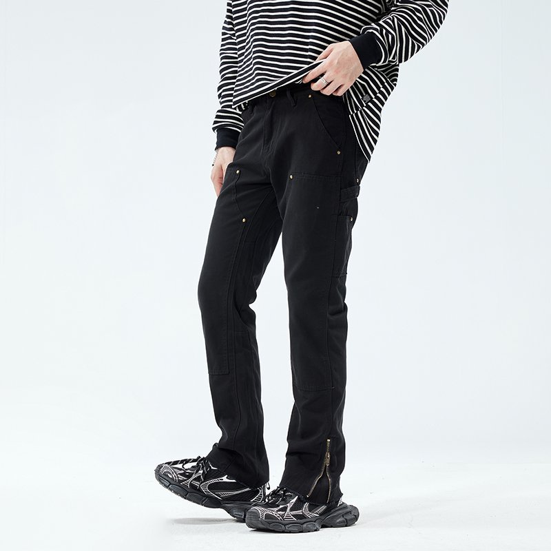Street Fashion Vibes - กางเกงคาร์โก้ซิปทรงตรงสไตล์สตรีทแฟชั่นฮิปฮอปสำหรับผู้ชาย ผ้าฝ้ายแท้ ทรงหลวมใส่สบาย