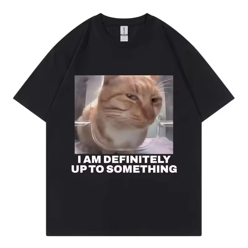 Street Fashion Definition - ฉันกำลังทำอะไรบางอย่างอยู่แน่นอน เสื้อยืดลายแมวตลก แฟชั่นสตรีทสุดฮิตสำหรับผู้หญิง สไตล์ฮาราจูกุ แขนสั้น ลำลอง