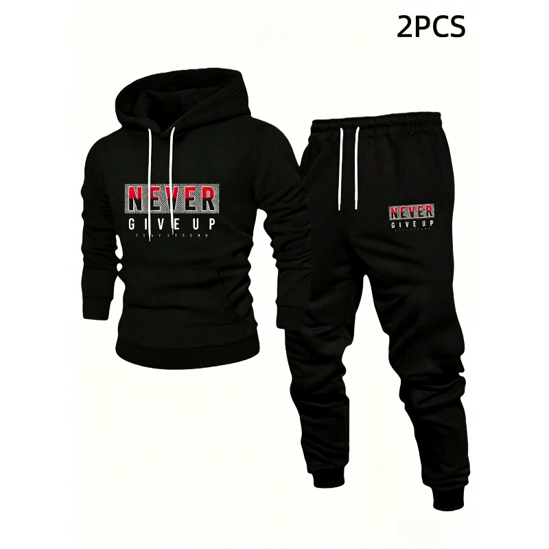Street Fashion Hoodie - NEVER GIVE UP ชุดแฟชั่นพิมพ์ลายตัวอักษร เสื้อฮู้ดดี้หลวมพร้อมกางเกงวอร์มสำหรับผู้ชาย ชุดสองชิ้นสไตล์สตรีทสปอร์ต