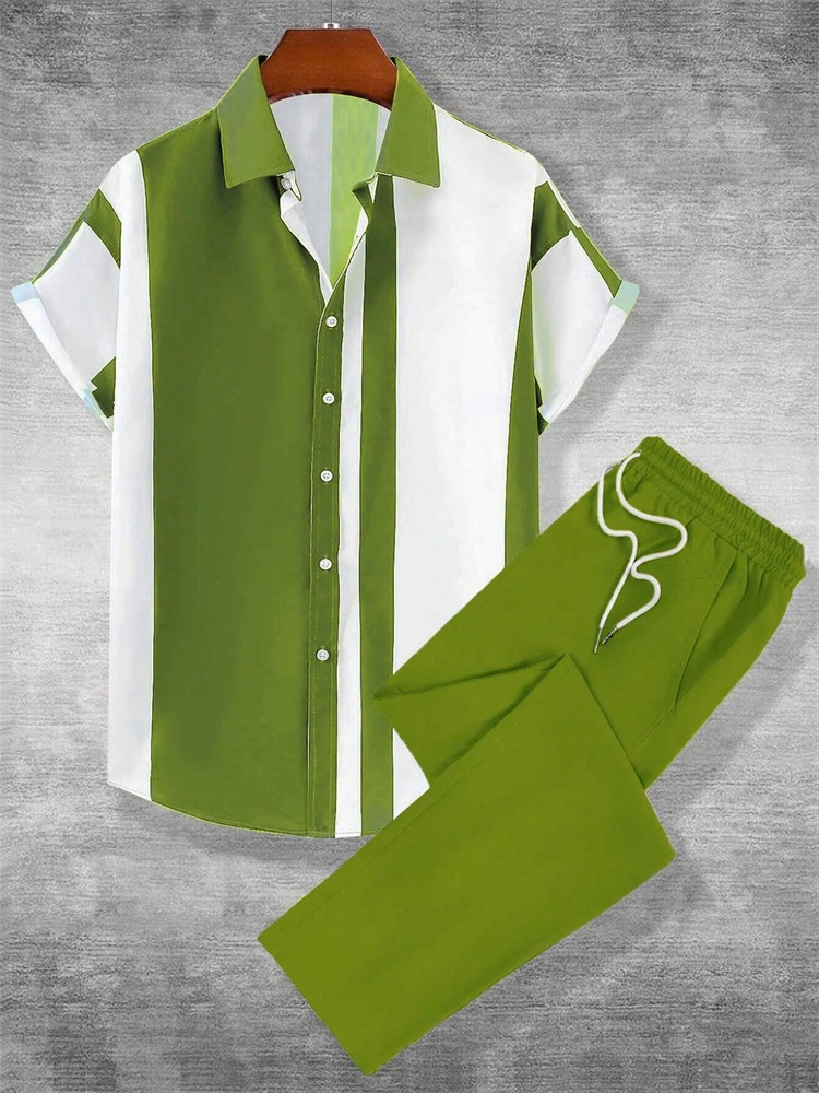 Street Fashion Urban - ชุดเสื้อผ้าผู้ชายลายทางพิมพ์ลายสามมิติแบบเรียบง่ายสำหรับฤดูใบไม้ร่วงปี 2025 แฟชั่นสตรีทสไตล์เมือง ชุดเซ็ต 2 ชิ้น