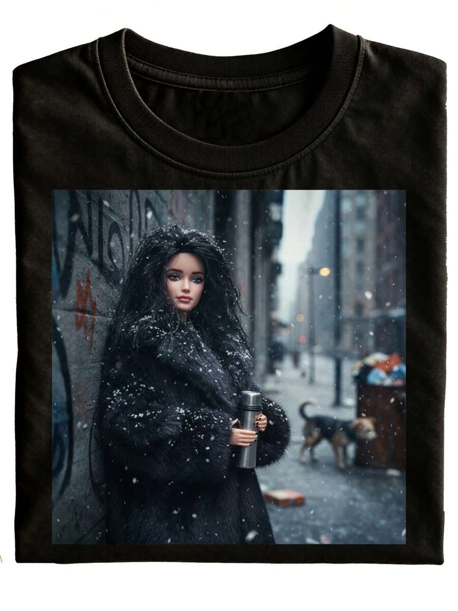 Street Fashion Urban - เสื้อยืดลายสโนว์สตรีทและเสื้อโค้ทขนสัตว์สีดำ, เสื้อยืดลำลอง, แฟชั่นลายพิมพ์อาร์ต, ของขวัญฤดูหนาว, ชุดลำลองแฟชั่น, ของขวัญวันหยุด,