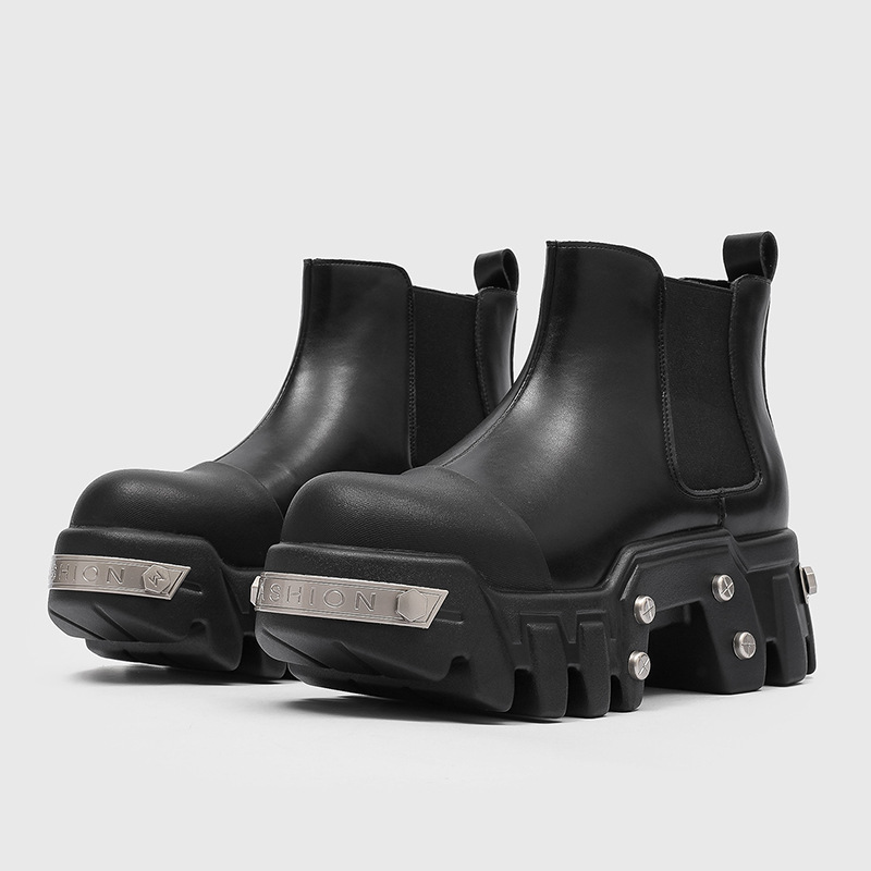 Street Fashion Goth - รองเท้าบูทแฟชั่นหรูหราสำหรับผู้ชาย รองเท้าสลิปออนแบบมีพื้นหนา สไตล์พังก์ กอธ คาวบอย หนังแท้