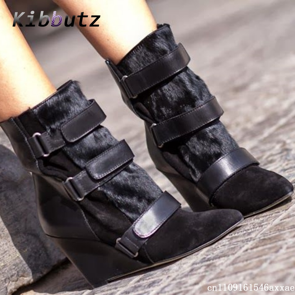 Street Fashion Goth - รองเท้าบูทส้นสูงแบบส้นเตารีดสำหรับผู้หญิง หัวแหลม สายรัดข้อเท้า หนังกลับ สไตล์กอธ แฟชั่นสตรีท