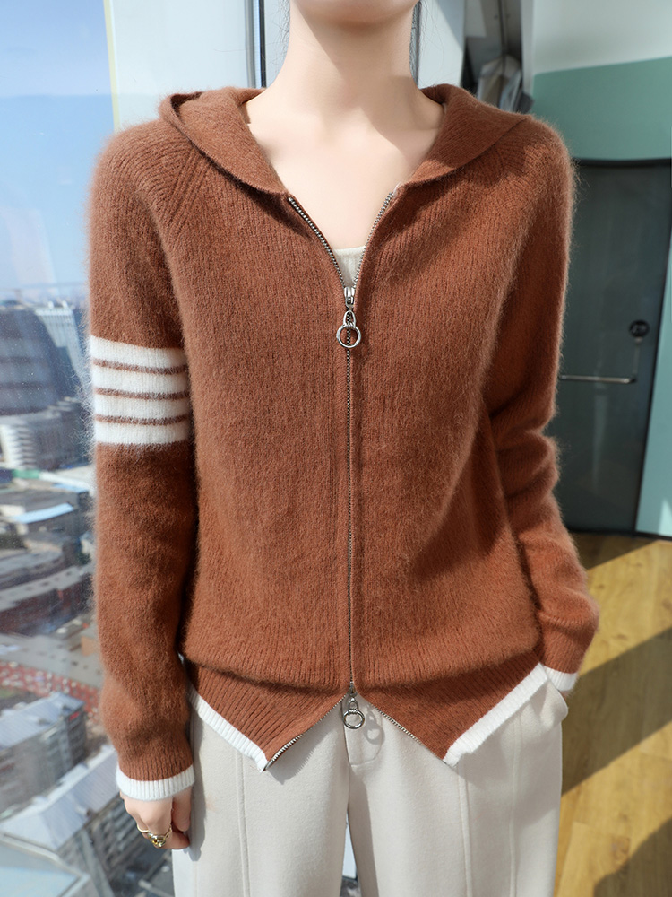 Street Fashion Hoodie - 100% Pure Mink Cashmere Zipperเสื้อสเวตเตอร์ถักผู้หญิงHooded Collarถักเสื้อแฟชั่นสีบล็อกขนาดใหญ่Hoodie