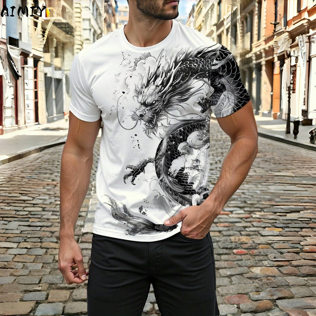 Street Fashion Urban - 3D Dragon พิมพ์ผู้ชายเสื้อยืดฤดูร้อนสบายๆ Men's Street เสื้อยืดกีฬากลางแจ้งแขนสั้น