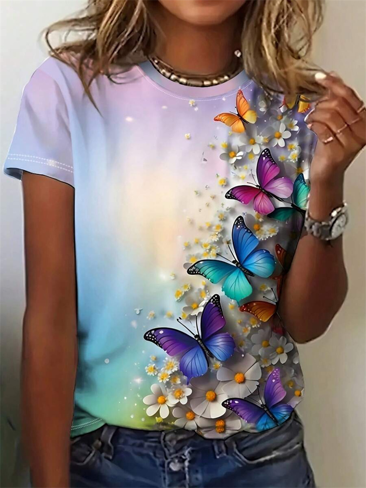 Street Fashion Urban - เสื้อยืดผู้หญิงลายผีเสื้อ ฤดูร้อน สวมใส่สบายๆ ทุกวัน ลายไล่เฉดสี แขนสั้น