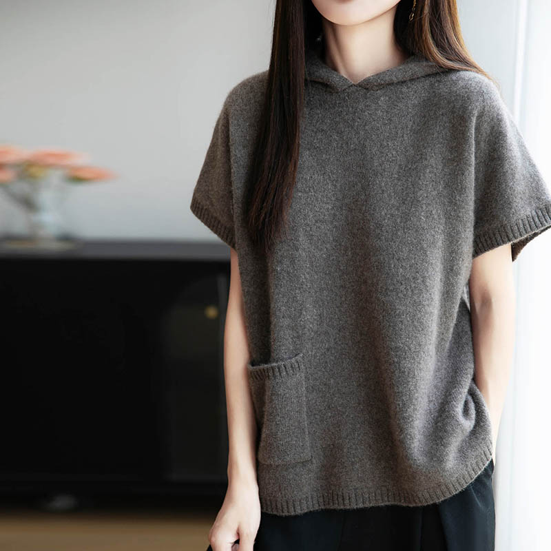 Street Fashion Hoodie - เสื้อฮู้ดไหมเมอริโนแท้ 100% เสื้อสเวตเตอร์แขนสั้นถักสำหรับผู้หญิง สีพื้น สไตล์เกาหลี ทรงหลวม