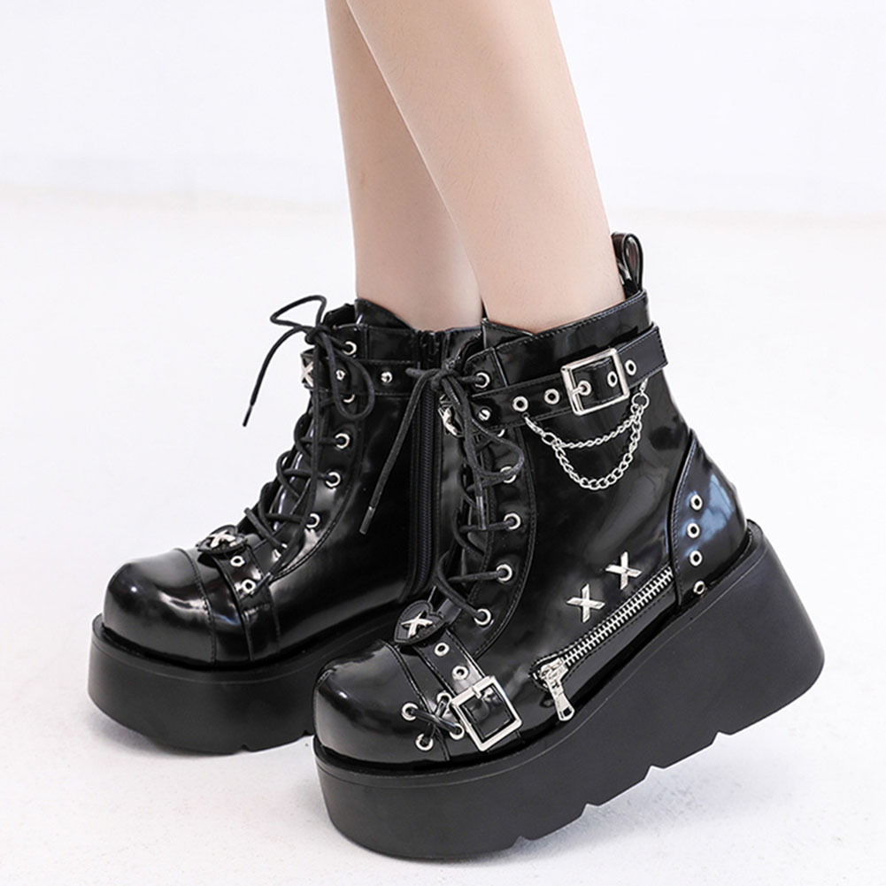 Street Fashion Goth - ใหม่เอี่ยมสุภาพสตรี Goth ข้อเท้ารองเท้าแฟชั่นหัวเข็มขัด Zip Rivet Punk